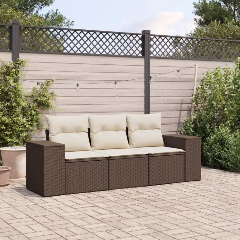 vidaXL Set Divano da Giardino 3 pz con Cuscini Marrone e Bianco in Polyrattan e Acciaio