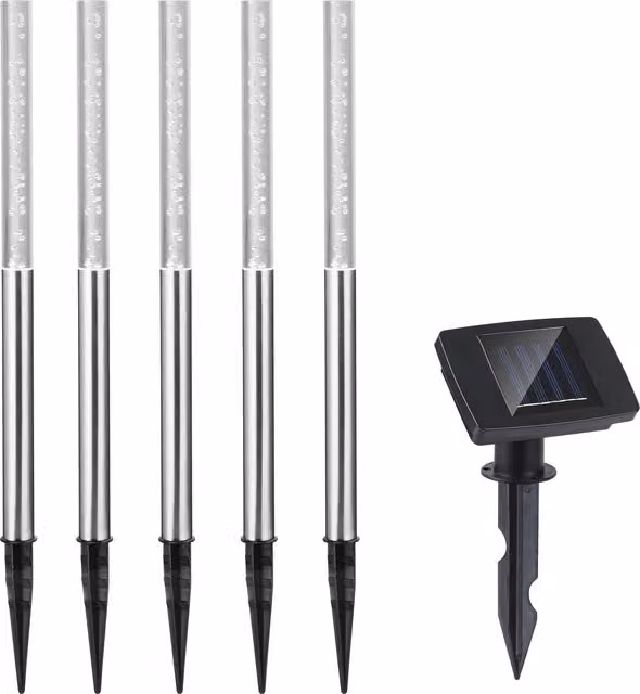 Set di 5 faretti solari LED Monzana® per giardino e sentieri, luce bianca, finitura argento e bianco, con sensore crepuscolare e protezione IP44