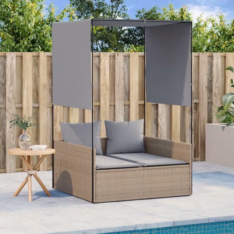 vidaXL Lettino Prendisole in Polyrattan con Tetto e Tende Beige