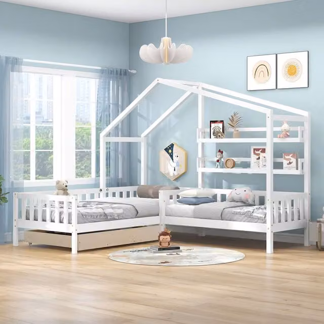 Letto per bambini Home Enjoy DE con struttura a L, cassetti e scaffali, Bianco, L/P/H: 200 x 90 x 183 cm + 140 x 70 cm