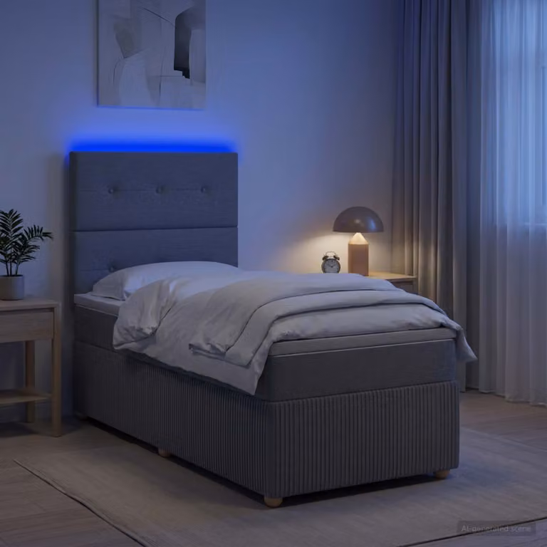 vidaXL Letto Box Spring con Materasso in Schiuma e Illuminazione LED, Grigio, L/P/H: 90 x 190 x 76,5 cm