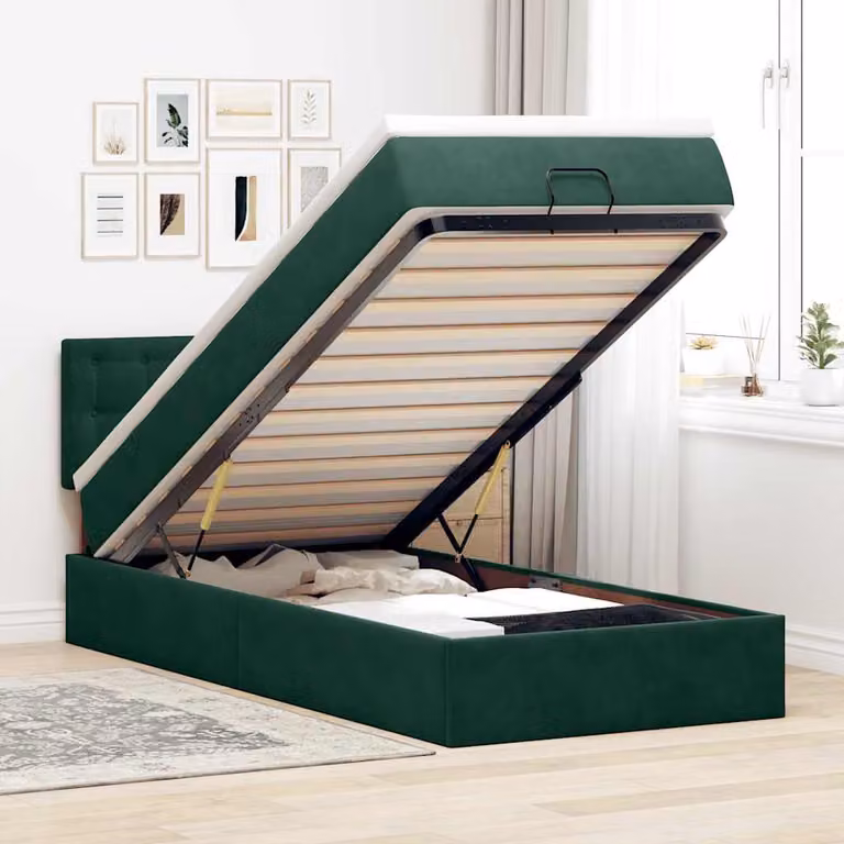 vidaXL Struttura Letto con Materasso e Pouf in Velluto con Base a Sollevamento L/P/H: 90 x 190 x 88 cm