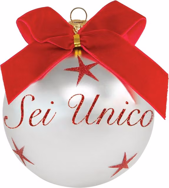 Pallina di Natale Kasanova in vetro con scritta Sei Unico, colori argento, rosso e bianco, diametro 10 cm