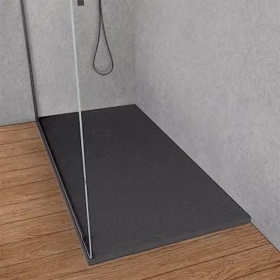 Piatto doccia rettangolare in resina minerale Loren colore antracite effetto pietra, L: 150 cm, P: 70 cm, H: 3 cm, installazione a filo pavimento