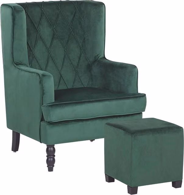 Poltrona con Poggiapiedi Integrato BELIANI in Velluto Verde con Gambe in Legno di Gomma Stile Wingback L/P/H: 103 x 72 x 62 cm
