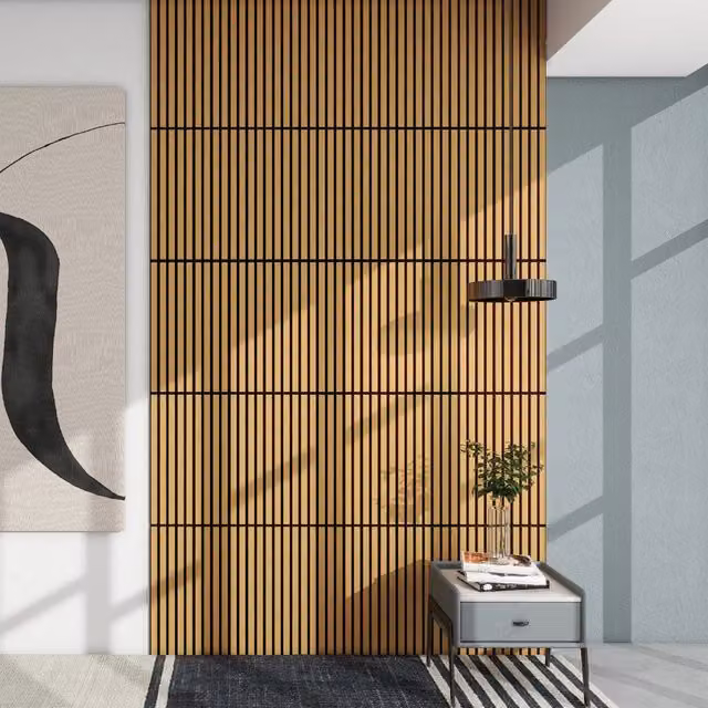 Set di 16 Pannelli Murali 3D Fonoassorbenti NEU.HOLZ a Listelli Dritti Effetto Rovere Scuro, Copertura 5,76 m², L/P: 60 x 60 cm