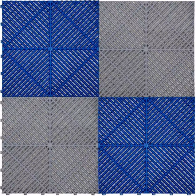 Piastrelle ventilate antiscivolo MONSTER SHOP in plastica con design geometrico, grigie e blu, per garage doppio e officine