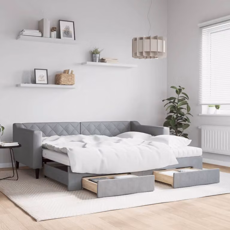 vidaXL Divano Letto Estraibile con Cassetti in Tessuto Grigio Chiaro L/P/H: 190 x 90 x 67 cm