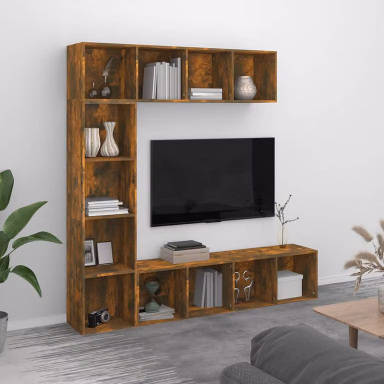 Set di mobili componibili vidaXL per libreria e porta TV composto da 3 pezzi in colore rovere fumo, L 180 cm x P 30 cm x H 180 cm