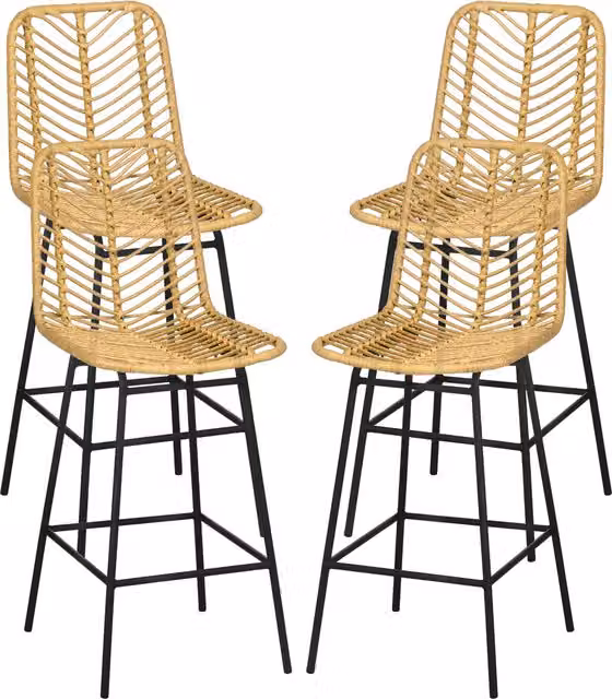 Set di 4 sgabelli da bar HOMCOM con schienale in cannage e poggiapiedi, struttura in acciaio, colore giallo, L 42,5 cm x P 52 cm x H 102 cm