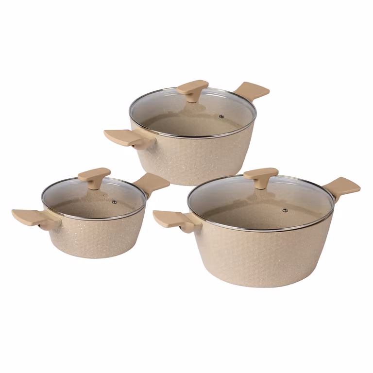 GUSTO CASA Batteria di Pentole Elysia Beige 6 Pezzi in Alluminio con Rivestimento Antiaderente e Coperchi in Vetro, Compatibile con Induzione