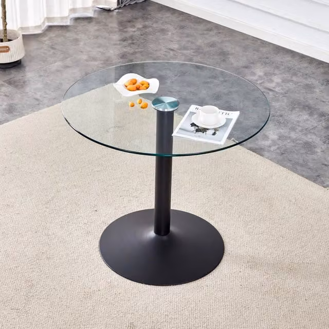 Tavolo rotondo moderno MIVRAY con piano in vetro temperato trasparente e base in metallo nero, Diametro: 85 cm, Altezza: 76 cm