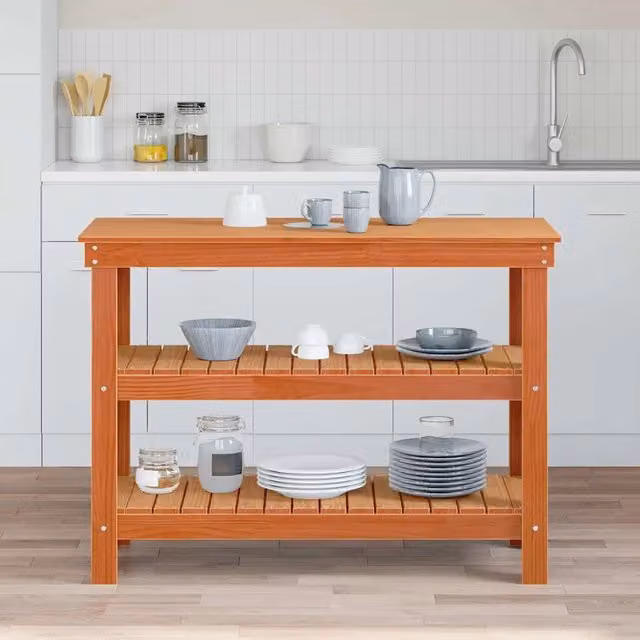 Banco da lavoro con scaffale vidaXL in legno di pino, colore marrone, L 110,5 x P 50 x H 80 cm