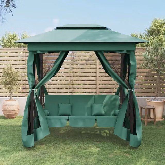 Gazebo vidaXL con Panca a Dondolo Convertibile in Letto, Colore Verde, Acciaio Verniciato e Tessuto Resistente ai Raggi UV