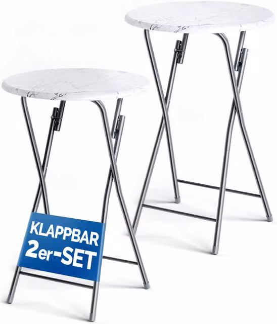 Set di 2 tavoli alti pieghevoli Casaria con piano rotondo in marmo bianco e grigio Ø60 cm e altezza 110 cm