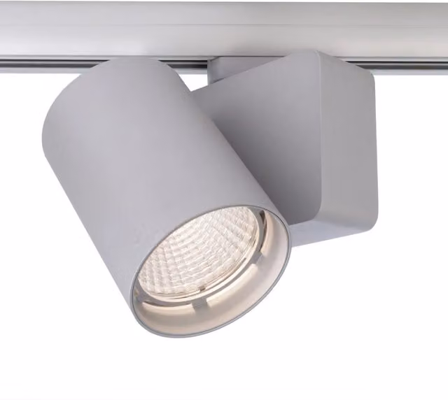 Faretto su binario trifase LED PlanetItaly da 33W, orientabile e dimmerabile, luce bianca fredda 4000K, colore argento, alta resa cromatica RA90