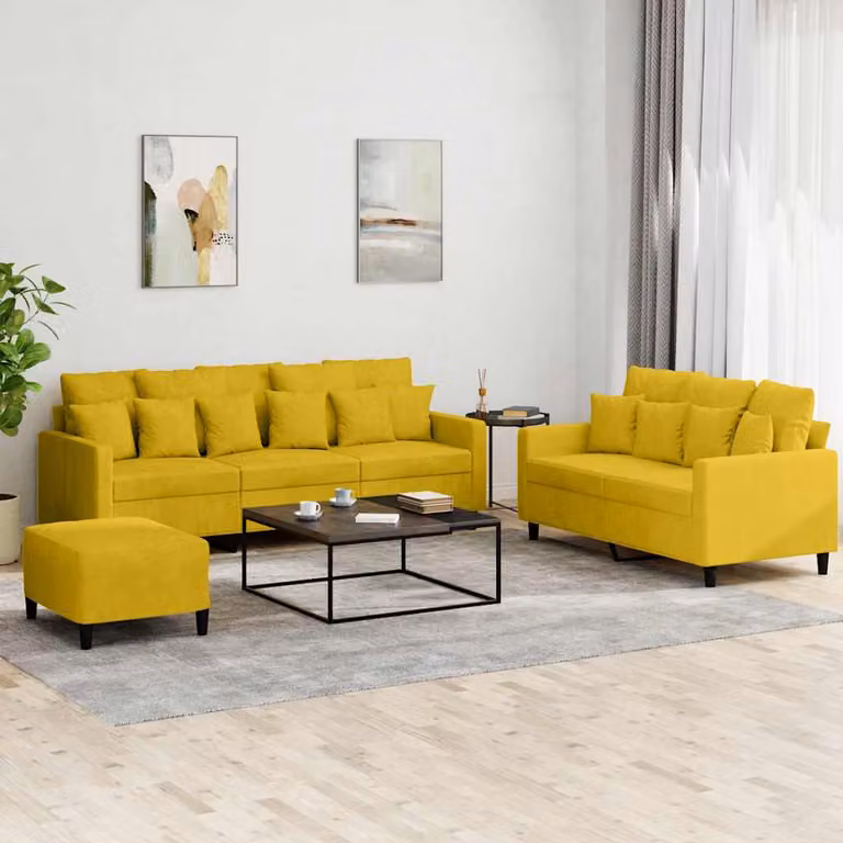 Set di divani 3 pezzi vidaXL in velluto giallo con pouf e cuscini per soggiorno moderno