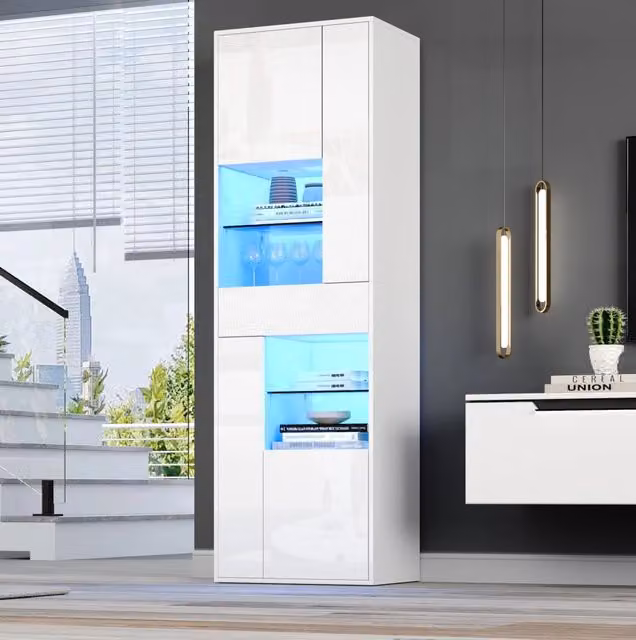 Vetrina alta da soggiorno MODFU con LED e 1 cassetto, finitura bianco lucido, L: 55 cm, P: 38 cm, H: 170 cm