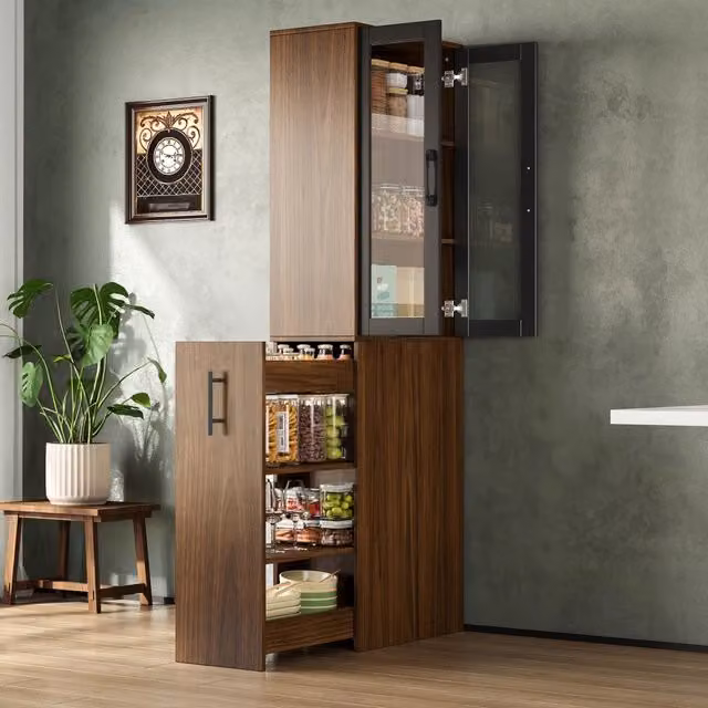 Mobile colonna da cucina Mivray con ante in vetro e carrello estraibile, 4 ripiani in MDF nero e marrone, L: 60 cm, P: 30 cm, H: 180 cm