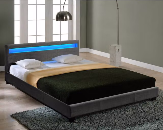 Letto Francese Corium con Testiera Alta Imbottita, Illuminazione a LED e Rivestimento in Tessuto Grigio, L/P/H: 140 x 200 x 151 cm