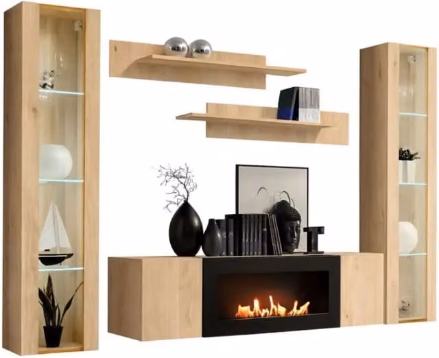 Composizione murale FLY Meublorama in Rovere chiaro con vetrine, scaffali, mobile TV e camino bio-etanolo L/P/H: 260 x 40 x 170 cm