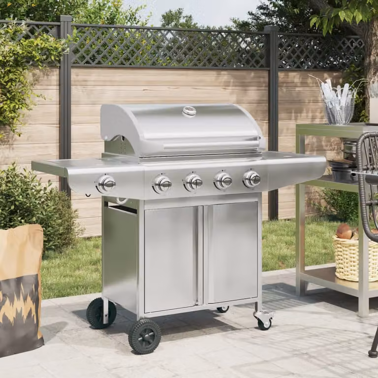Griglia Barbecue a Gas vidaXL in Acciaio Inox Argento con 5 Bruciatori, Termometro e Ruote