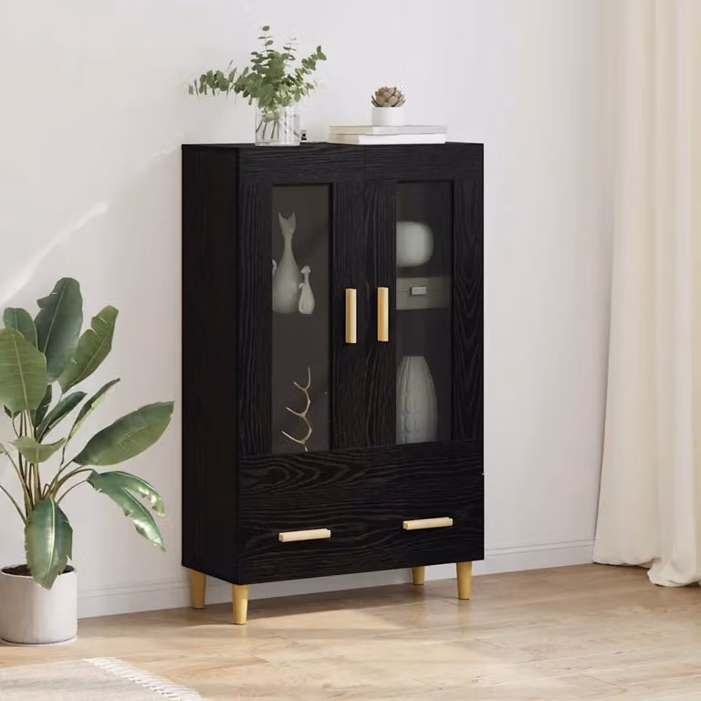 Credenza moderna vidaXL in legno ingegnerizzato con ante in vetro, colore nero e beige, L: 70 cm, P: 31 cm, H: 115 cm