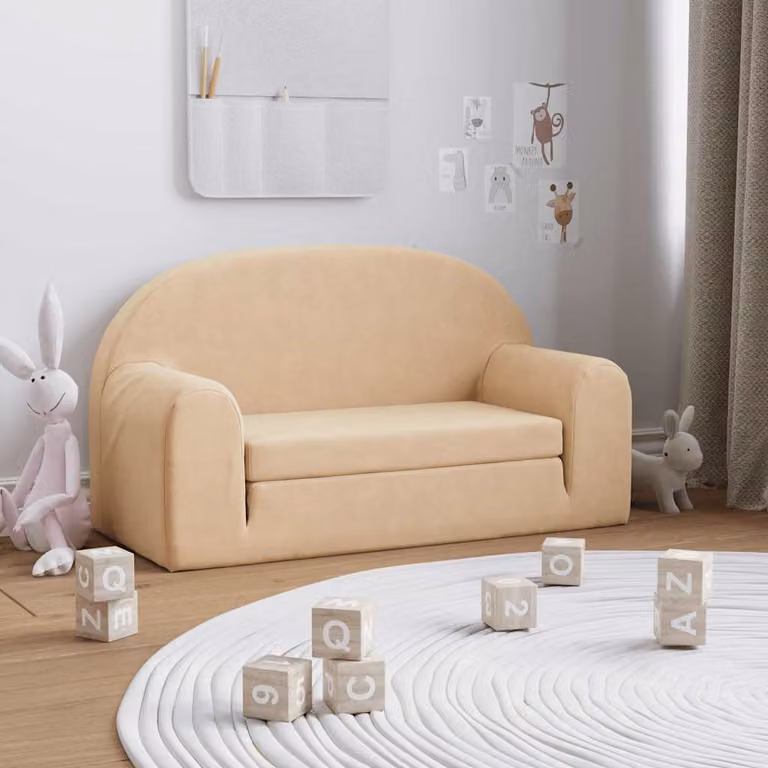 vidaXL Divano Letto per Bambini a 2 Posti in Morbido Peluche Beige L: 84,0 cm, P: 45,0 cm, H: 34,0 cm