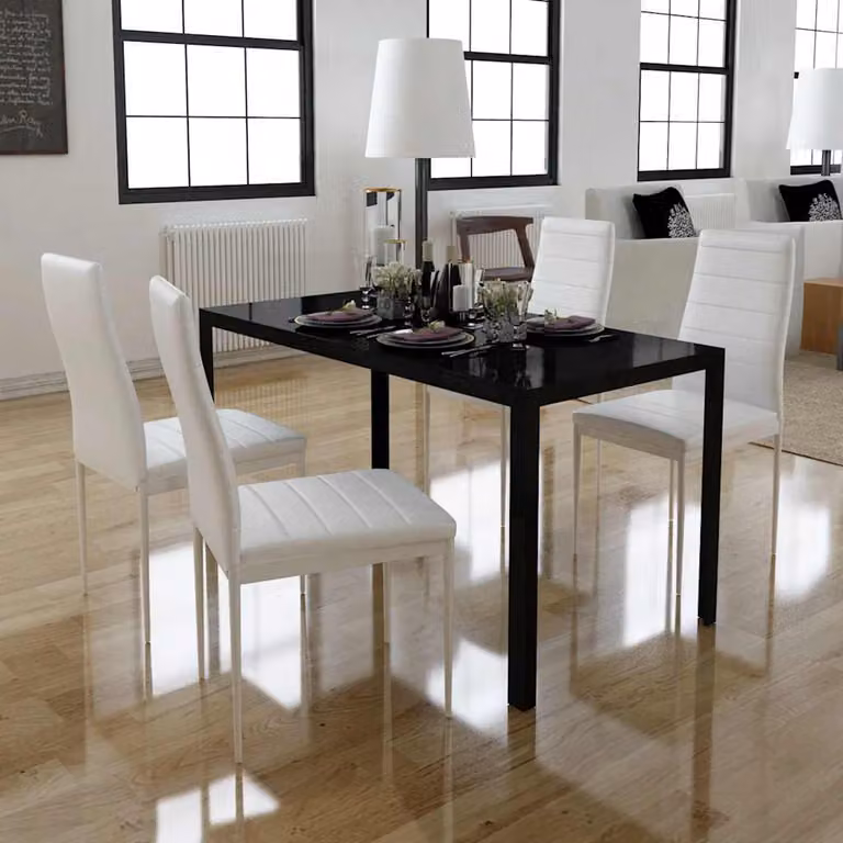 Set Tavolo da Pranzo Moderno vidaXL con 5 Sedie in Vetro e Metallo, Bianco e Nero