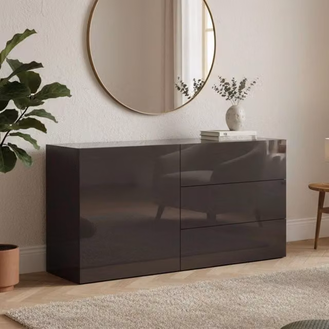 Madia Benvenuta DMORA con 3 cassetti, credenza moderna in nero antracite lucido, L: 110 cm, P: 40 cm, H: 35.2 cm