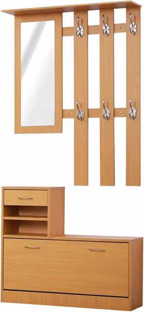 Set Mobile Ingresso Minimal composto da Specchiera con Appendiabiti e Scarpiera in Legno Marrone con 6 Ganci