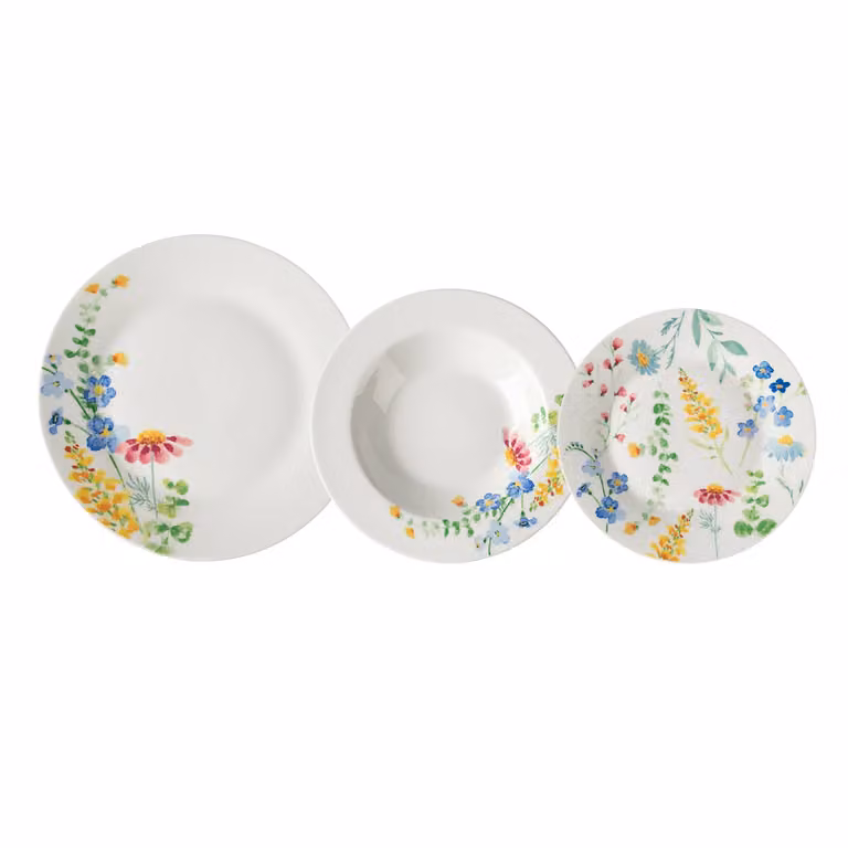 Servizio di piatti Héliette GUSTO CASA in porcellana bianca con decoro floreale, 18 pezzi