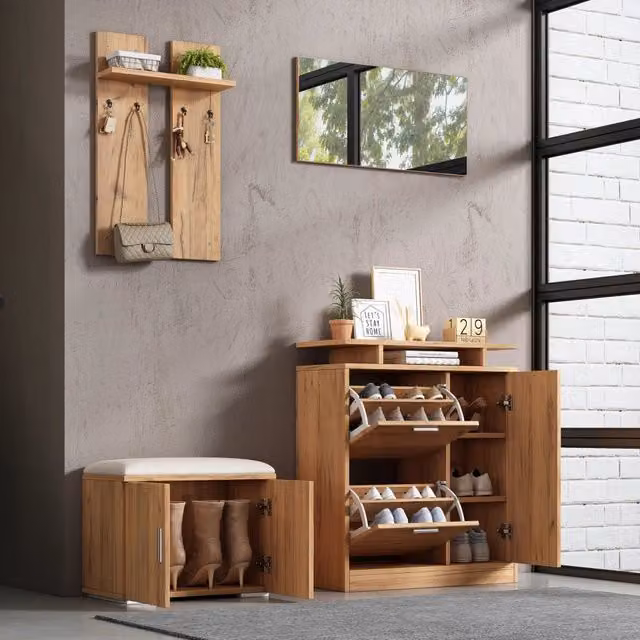 Set guardaroba da ingresso WISHDOR con panca, scarpiera, specchio e 4 ganci, finitura legno naturale marrone, L/P/H: 140 x 35 x 133 cm