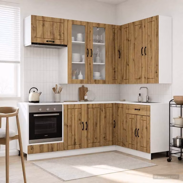 vidaXL Unità Cucina LUCCA 8 Pezzi in Legno Ingegnerizzato Rovere Marrone con Ante in Vetro e Ripiani Interni