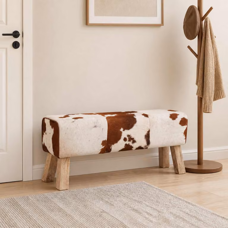 Panchina moderna vidaXL in pelle e legno con stampa animal print, marrone e bianco, L 110 x P 30 x H 45 cm