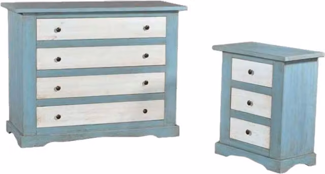 Set da camera da letto Mobili 2G composto da cassettiera e 2 comodini in stile shabby chic laccato azzurro e bianco patinato