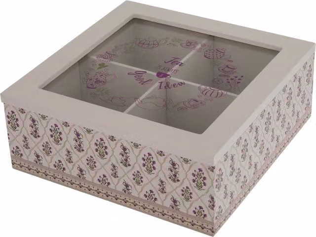 Scatola per tè con 4 scomparti in legno con decorazione floreale grigio lilla e bianco L: 18 cm, P: 18 cm, H: 7 cm