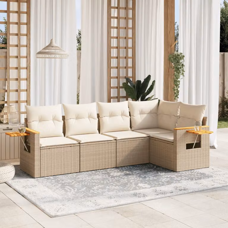 vidaXL Set Divano da Giardino a L in Polyrattan con Cuscini Beige e Tavolino da Esterno 5 pz
