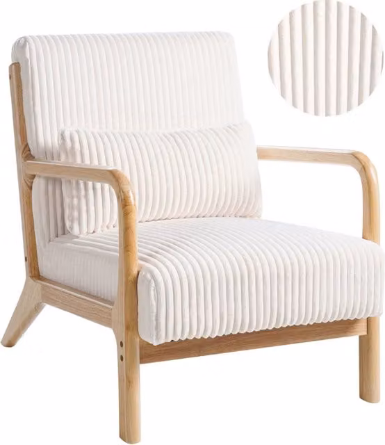 Poltrona a tub in velluto a coste a righe Beliani, stile scandinavo con struttura in legno bianco