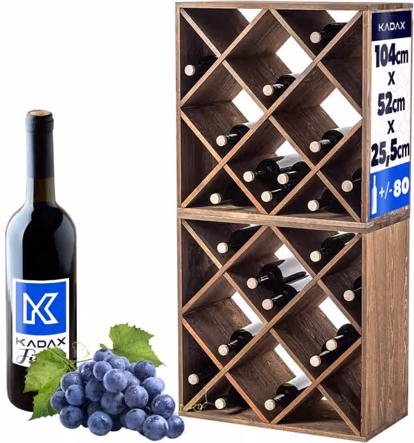 Set da 2 portabottiglie in legno di pino Kadax, mobile rustico marrone per 48 bottiglie, Altezza: 104 cm