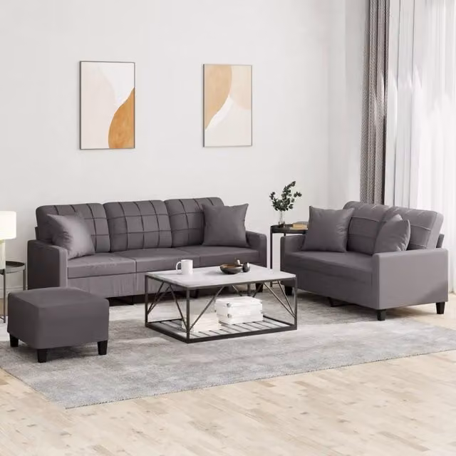 vidaXL Set di Divani 3 Pezzi con Pouf e Cuscini in Similpelle Grigio Moderno