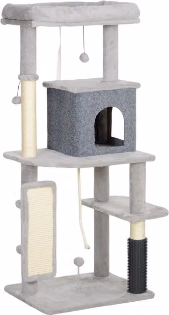 Albero per gatti multilivello PawHut con casetta, lettino e tiragraffi in sisal, Grigio, Altezza: 132 cm