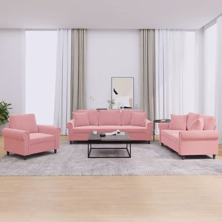 Set di divani vidaXL in velluto rosa con cuscini, composto da un divano a 3 posti e un divano a 2 posti per il tuo soggiorno