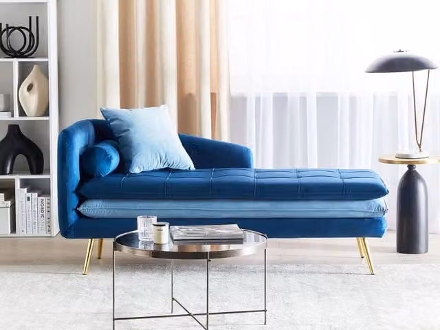 Chaise longue BELIANI in velluto blu con versione sinistra, design moderno imbottito per soggiorno, L: 160 cm, P: 79 cm, H: 72 cm