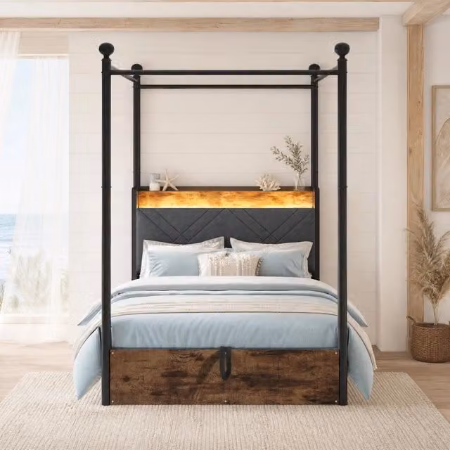Letto contenitore Mivray con baldacchino removibile, testiera imbottita, illuminazione LED e porta USB Type-C, colore nero, L/P/H: 90 x 190 x 208,6 cm