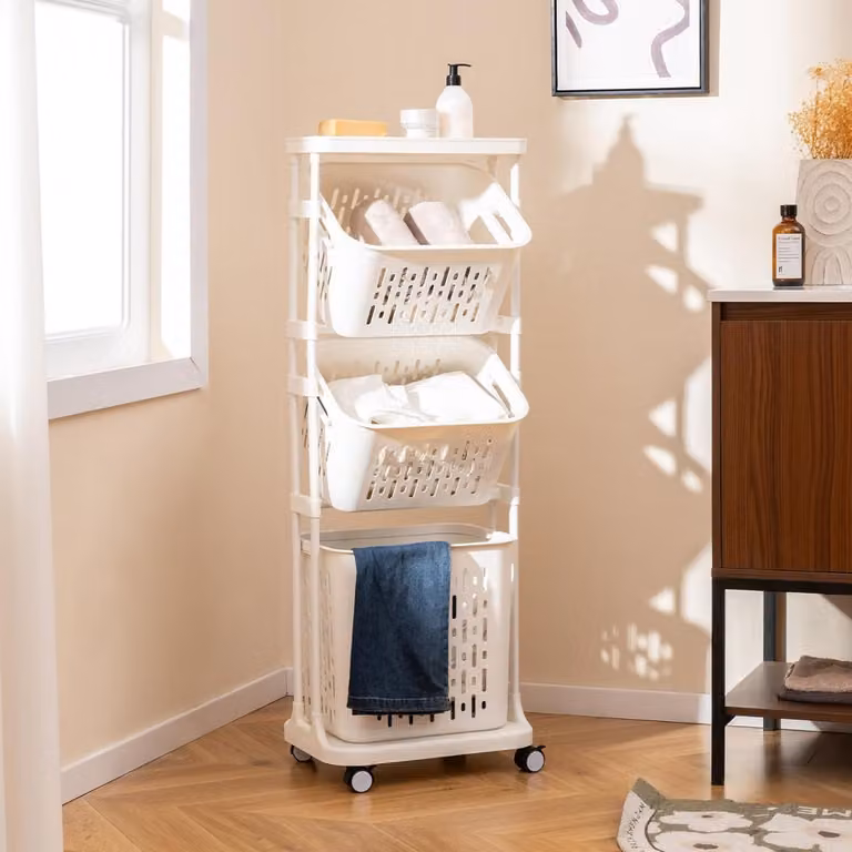 Carrello per lavanderia Costway con 3 ripiani e 3 cestini, organizzatore per bucato con ruote girevoli, Bianco