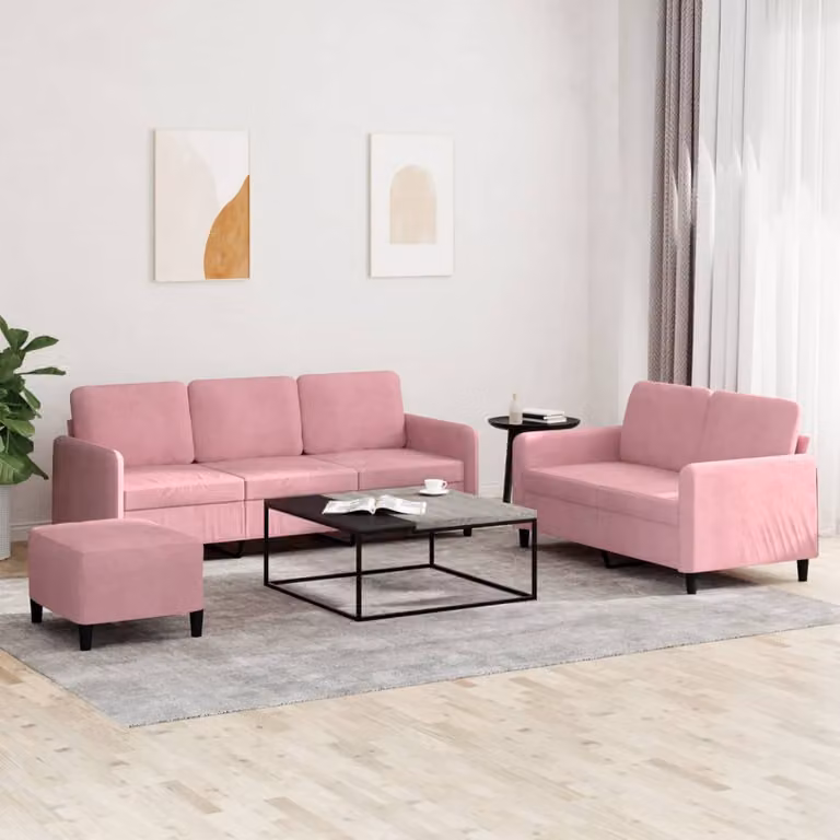 Set di divani vidaXL in velluto rosa composto da divano a 3 posti, divano a 2 posti e pouf per il tuo soggiorno