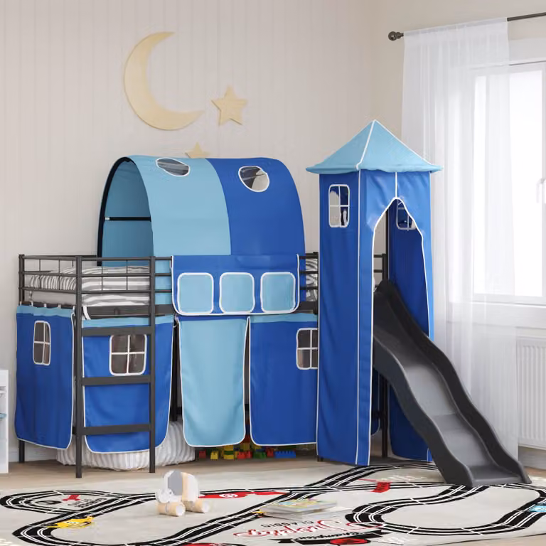 Letto a castello per bambini vidaXL in metallo con struttura a casetta, Nero e Blu, L/P/H: 200 x 100 x 194 cm