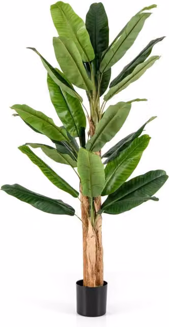 Albero di banana artificiale Design Mania con grandi foglie verdi e vaso in cemento, Altezza: 195 cm