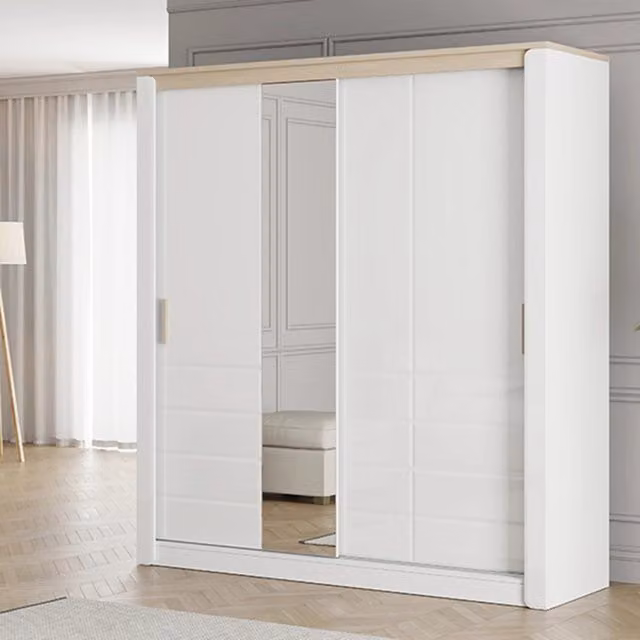 Armadio con Ante Scorrevoli DMORA per Camera da Letto, Design Moderno con Specchio e Ripiani Interni, Bianco e Rovere, L: 199 cm, H: 217 cm